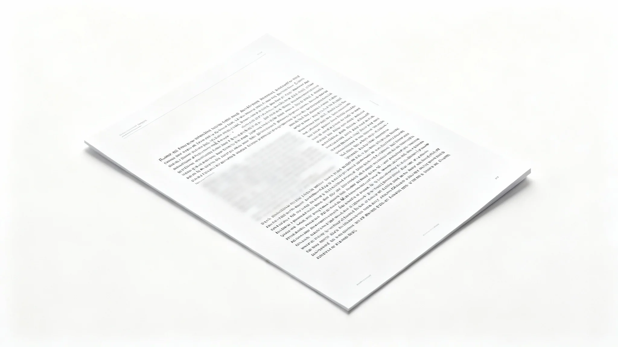 A photorealistic mockup showing a document on a white background, with a horizontal section of text blurred out to demonstrate a text blur feature.