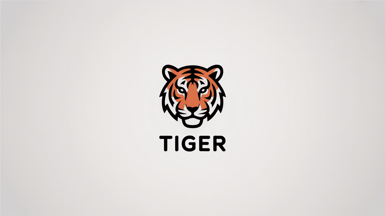 A professionally designed, modern tiger head logo in orange, black, and white, with the word 'TIGER' underneath, representing the final output of a logo maker.