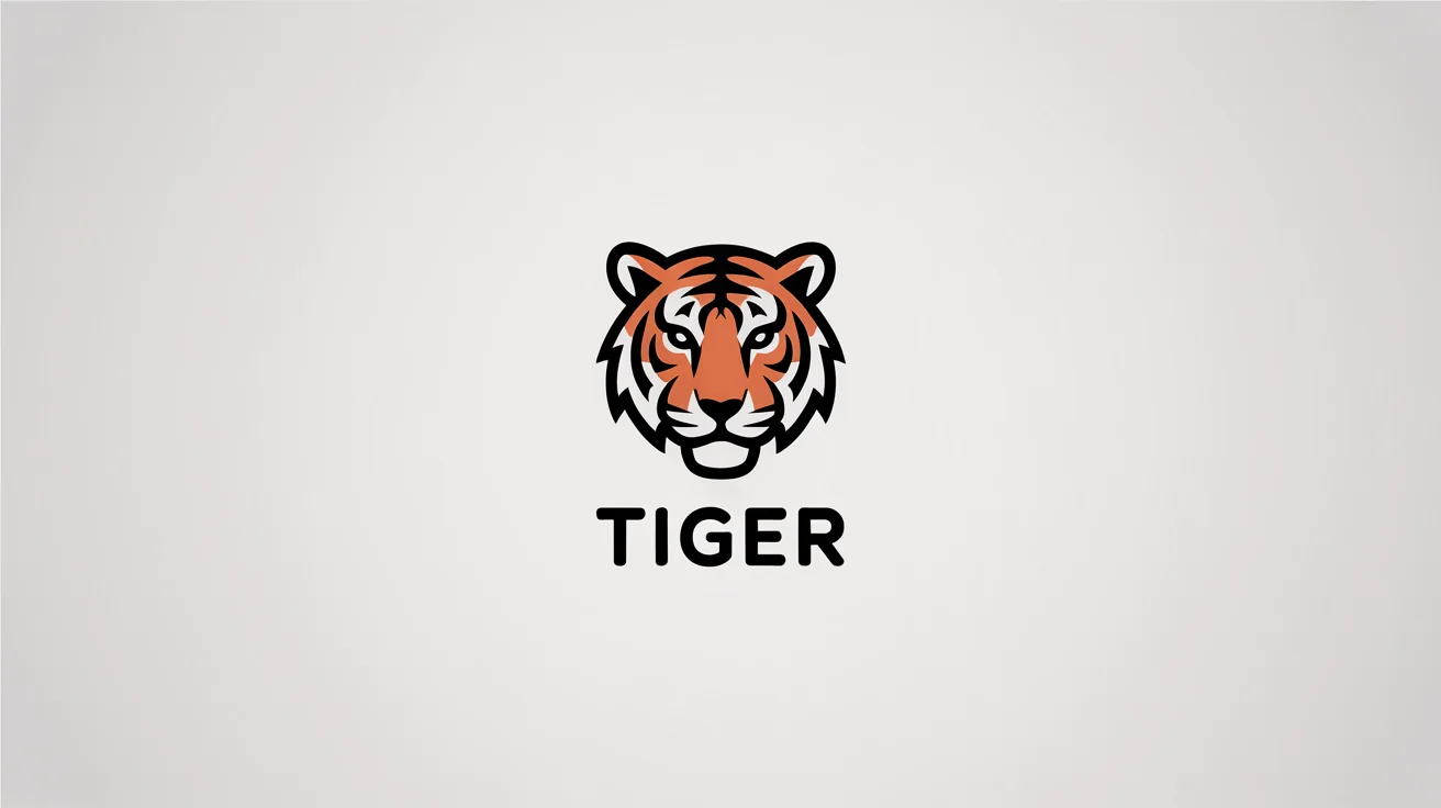 A professionally designed, modern tiger head logo in orange, black, and white, with the word 'TIGER' underneath, representing the final output of a logo maker.