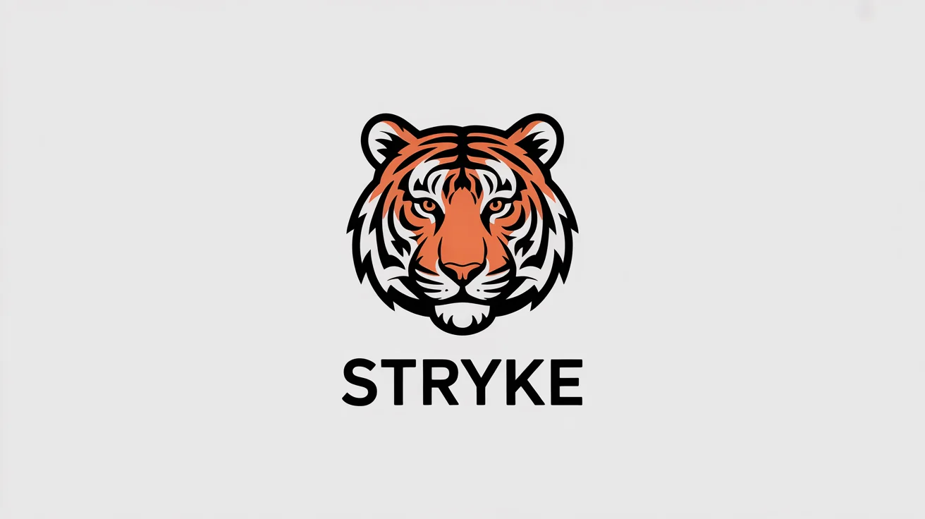 A modern, minimalist vector logo of a tiger's head in orange and black, with the fictional brand name 'STRYKE' below it, on a clean white background.