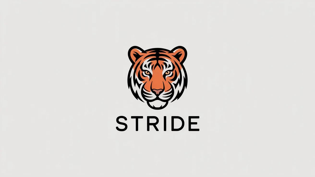 A modern, minimalist vector logo of a tiger's head in orange and black, with the brand name 'STRIDE' underneath, presented on a clean white background.