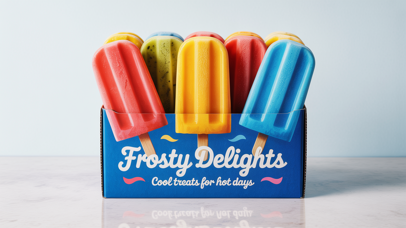 A photorealistic mockup of a 'FROSTY DELIGHTS' popsicle box, featuring a vibrant fruit illustration and a clear window showing the product, presented in a clean studio setting.