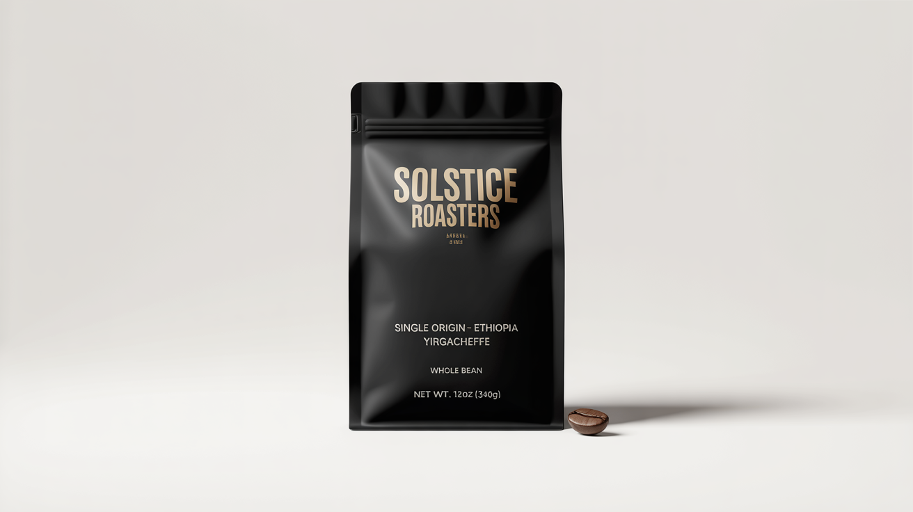A photorealistic mockup of a matte black coffee bag for 'SOLSTICE ROASTERS' with elegant gold lettering, standing against a clean white background.