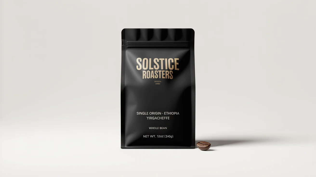 A photorealistic mockup of a matte black coffee bag for 'SOLSTICE ROASTERS' with elegant gold lettering, standing against a clean white background.