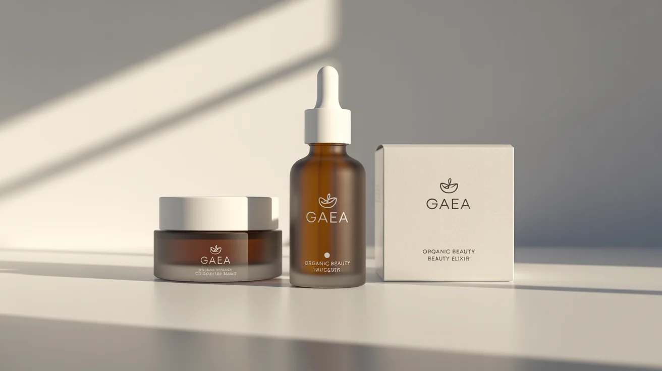 A professional mockup of a skincare product line, featuring a dropper bottle, a jar, and a box with minimalist branding on a clean white background.