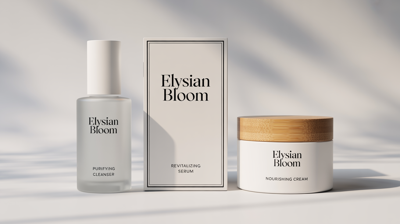A photorealistic mockup of a high-end skincare product line named 'Elysian Bloom', featuring a box, bottle, and jar with minimalist branding, set against a clean white background.