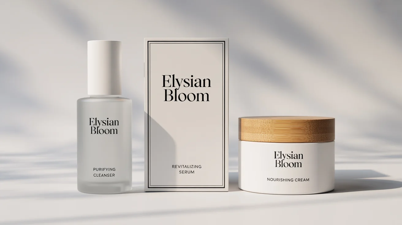 A photorealistic mockup of a high-end skincare product line named 'Elysian Bloom', featuring a box, bottle, and jar with minimalist branding, set against a clean white background.