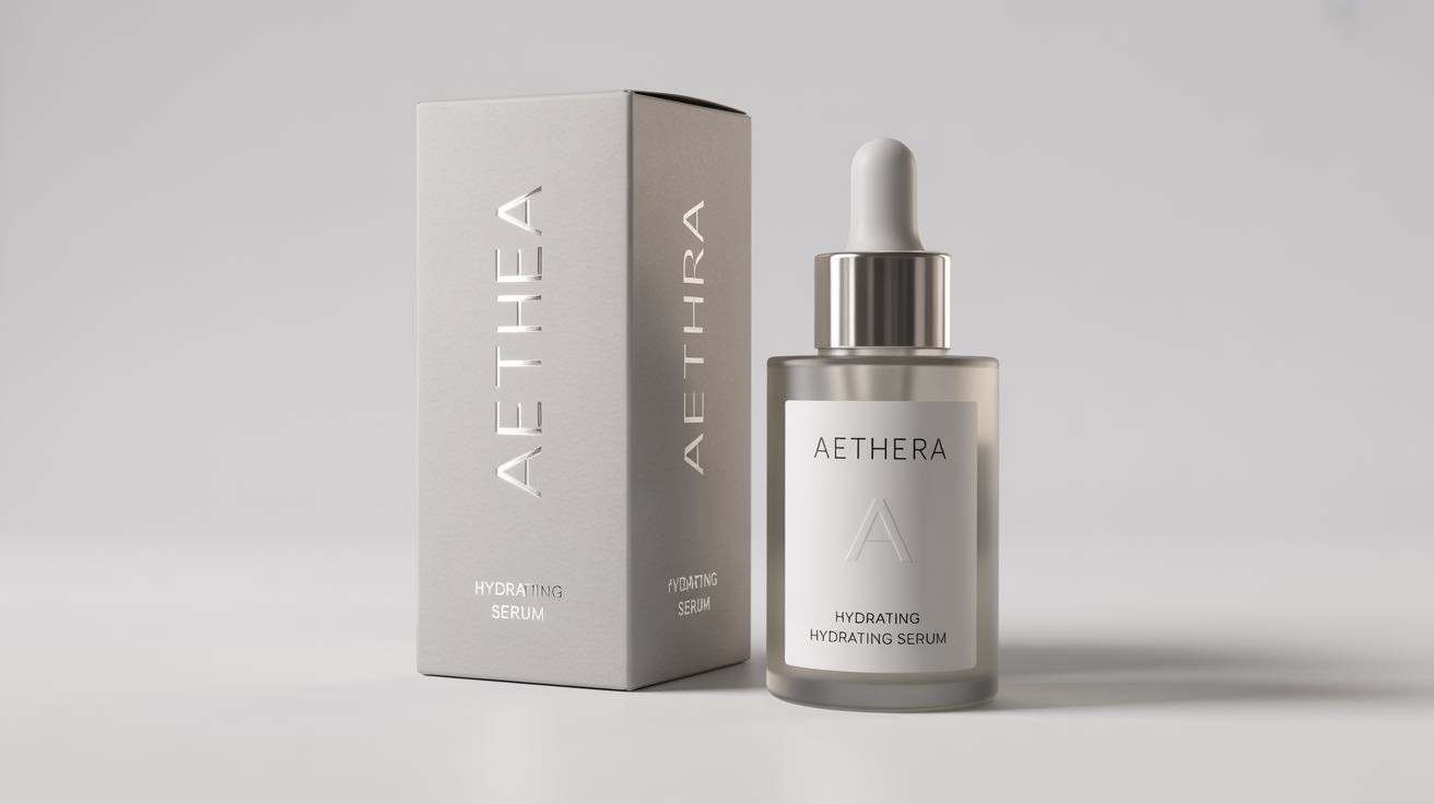 A photorealistic mockup of a luxury skincare product, showing a frosted glass serum bottle and its white box with the brand name 'Aethera' on a clean white background.