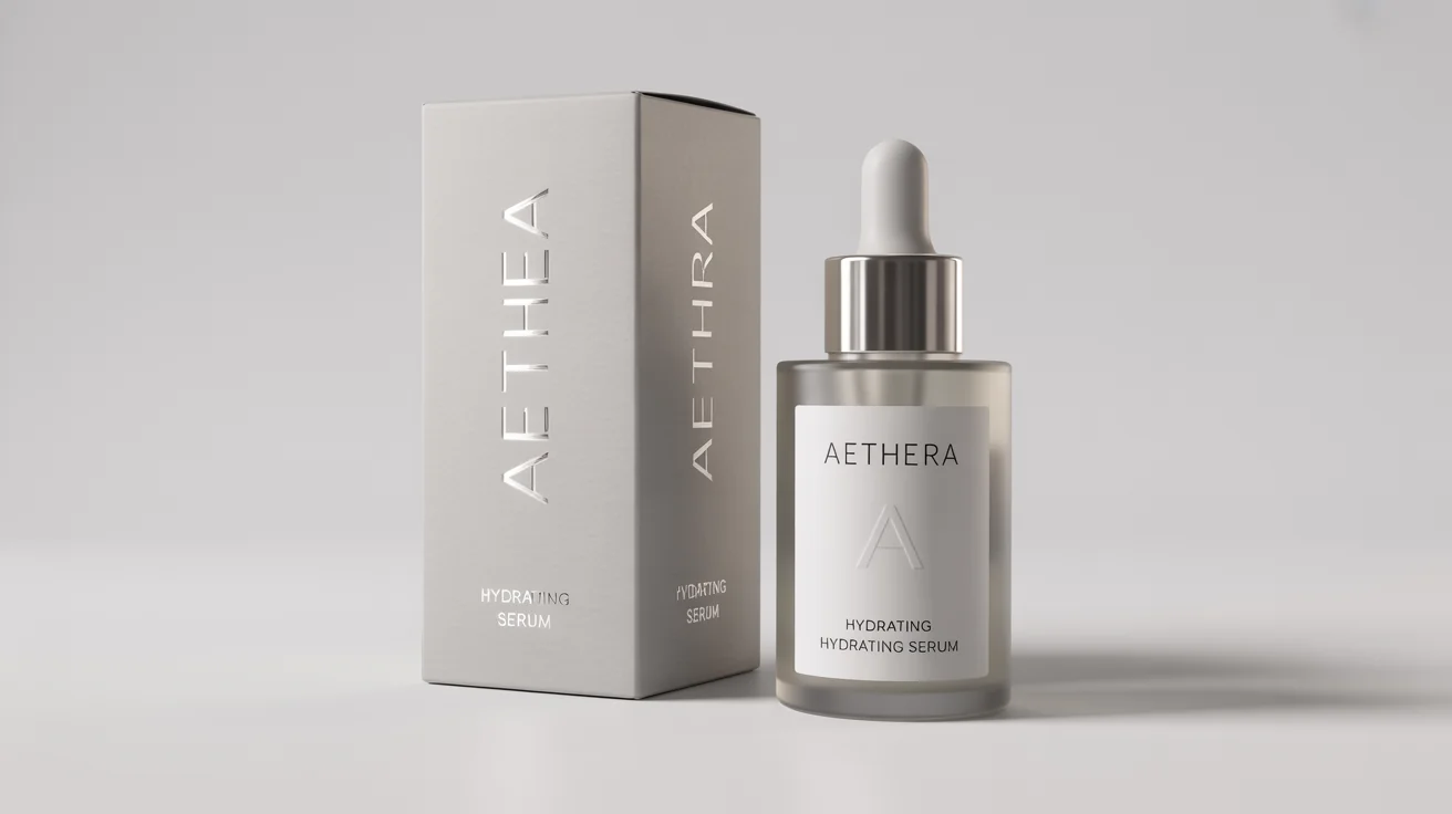 A photorealistic mockup of a luxury skincare product, showing a frosted glass serum bottle and its white box with the brand name 'Aethera' on a clean white background.
