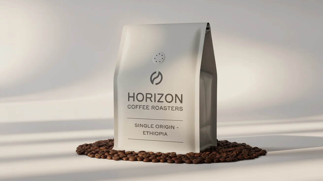 A photorealistic mockup of a minimalist white coffee bag for 'HORIZON COFFEE ROASTERS' standing on a clean white background, with a few coffee beans scattered beside it.