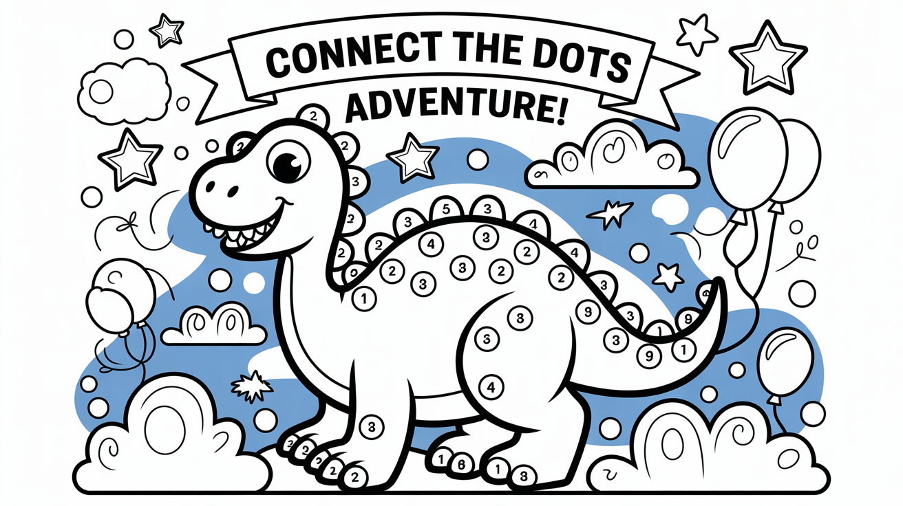 A completed and fully colored-in 'connect the dots' activity sheet. The main image is a friendly cartoon dinosaur, now colored green and yellow, showing the result of the activity.