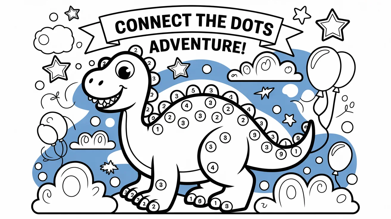 A completed and fully colored-in 'connect the dots' activity sheet. The main image is a friendly cartoon dinosaur, now colored green and yellow, showing the result of the activity.