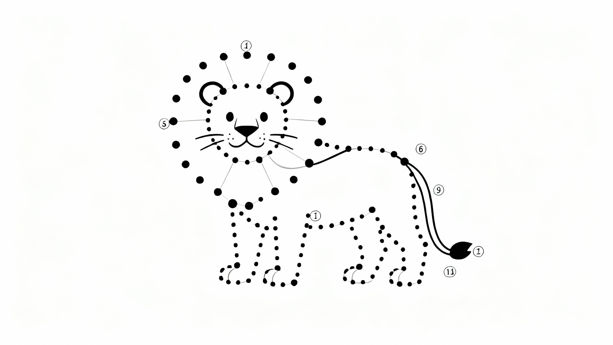 A minimalist connect-the-dots puzzle forming a cartoon lion on a white background, with the first few dots connected by a black line.