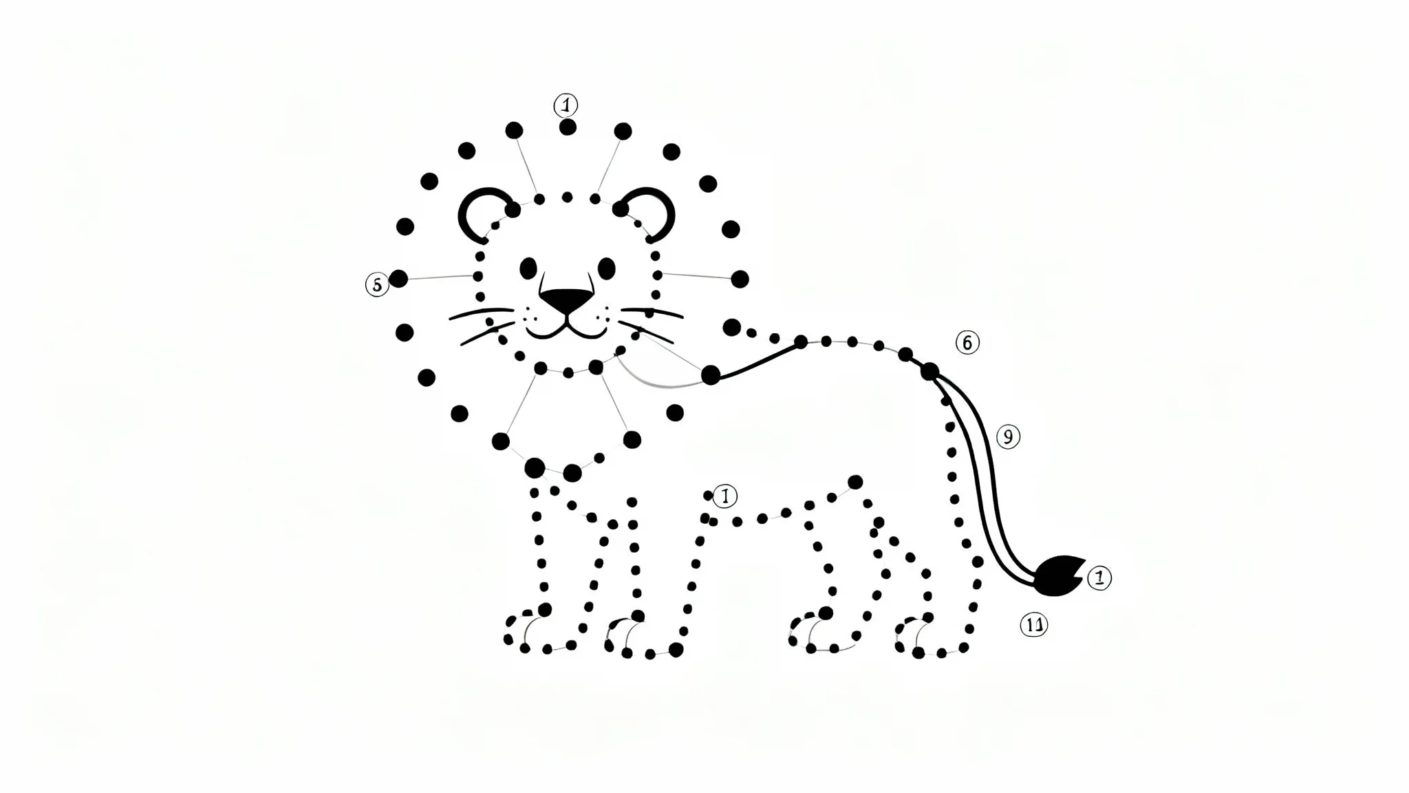 A minimalist connect-the-dots puzzle forming a cartoon lion on a white background, with the first few dots connected by a black line.