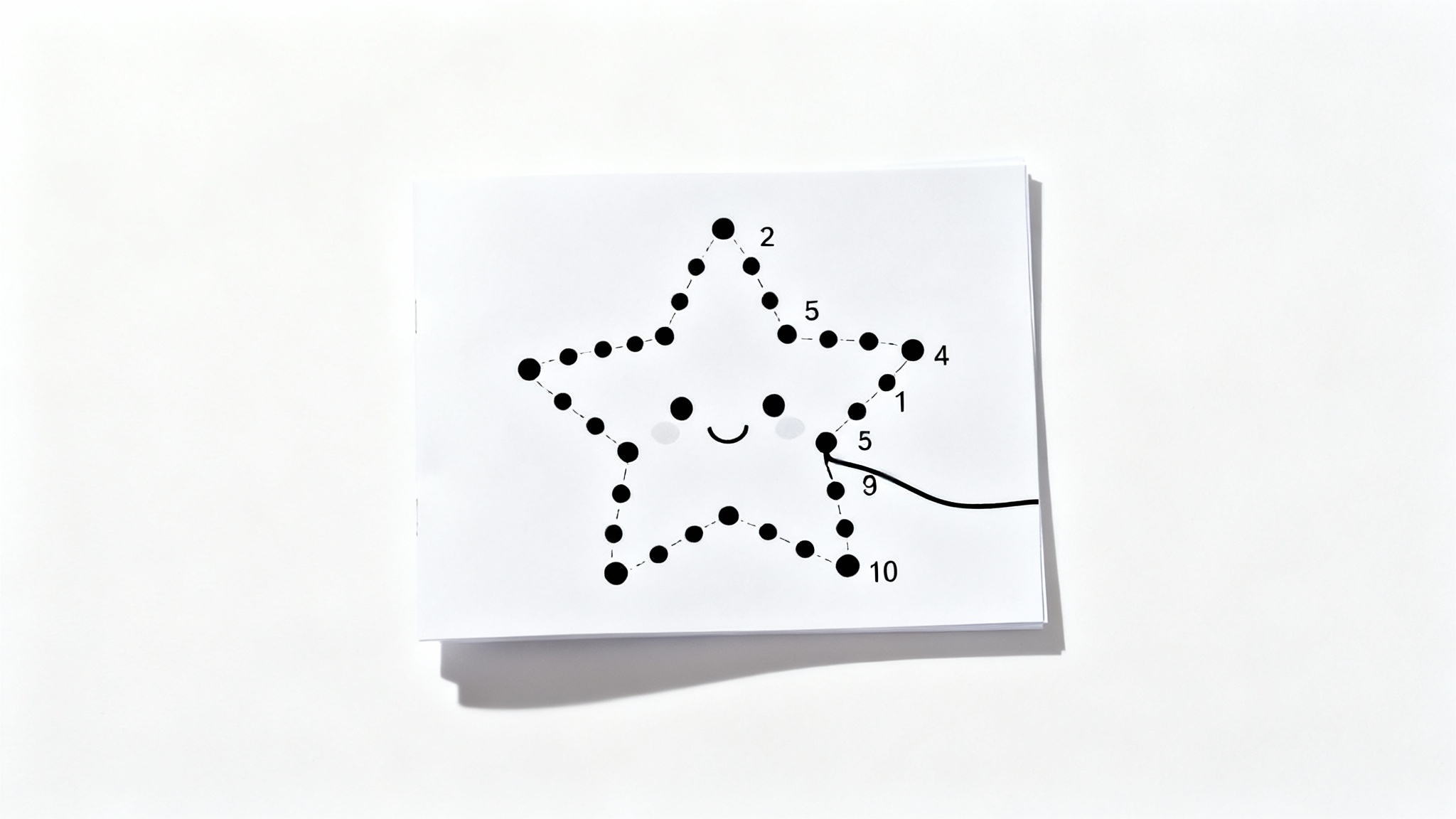 A top-down view of a partially completed connect-the-dots puzzle on a white background, with a black line connecting the first few dots to form the beginning of a star shape.