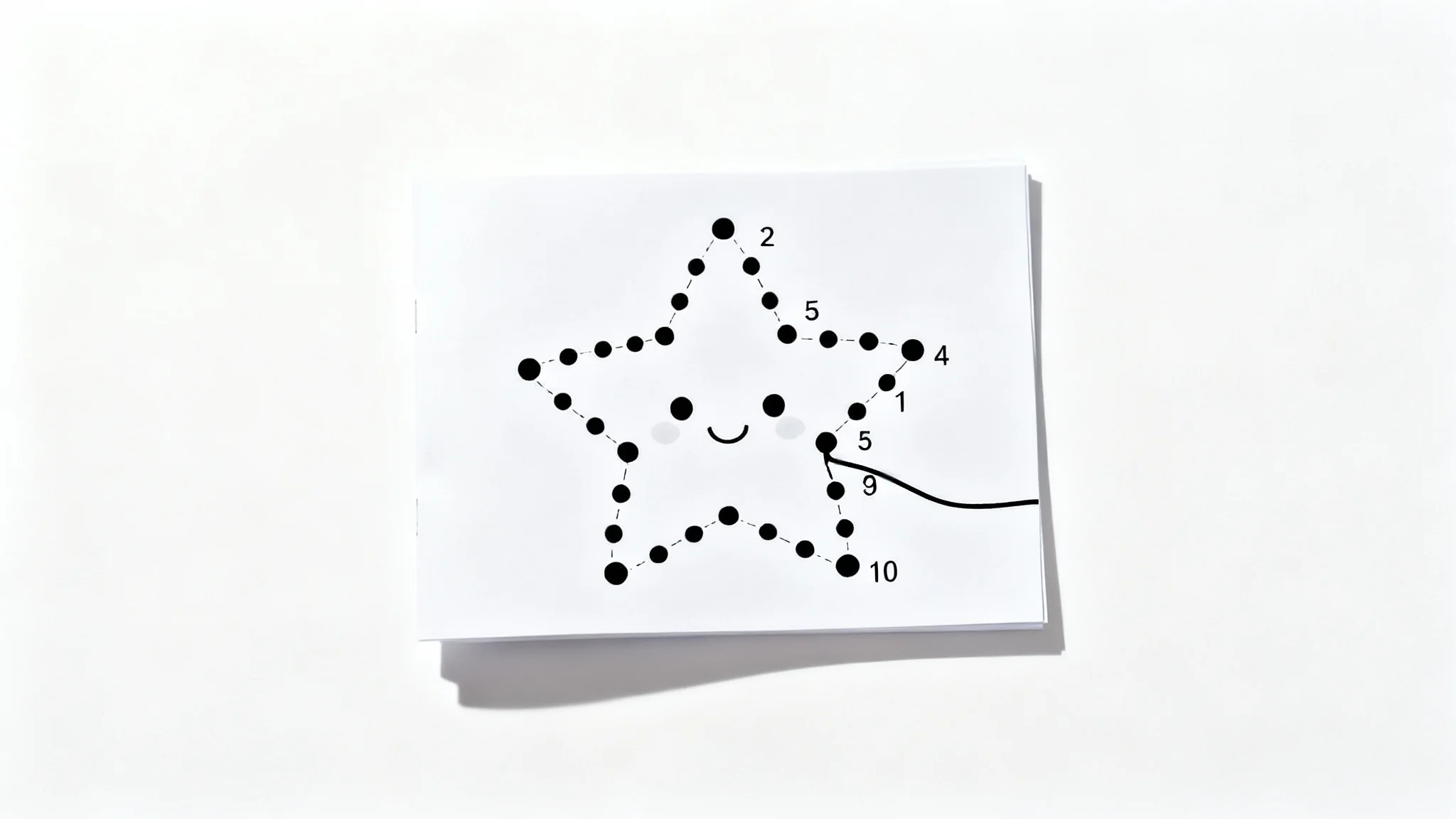 A top-down view of a partially completed connect-the-dots puzzle on a white background, with a black line connecting the first few dots to form the beginning of a star shape.