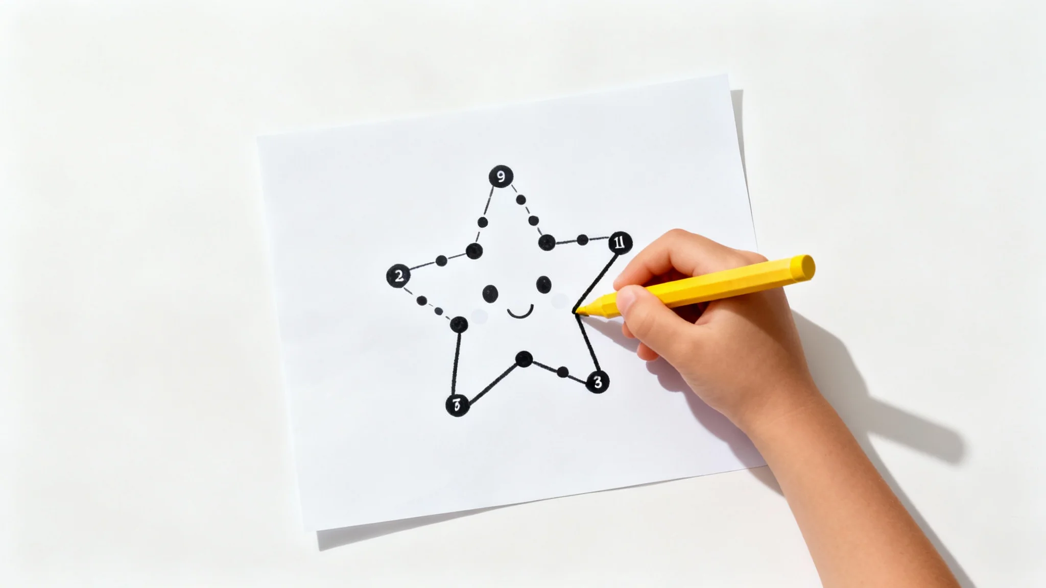 A top-down view of a connect-the-dots activity sheet on a white background. A child's hand is holding a yellow crayon, drawing a line between two dots to form a star shape.