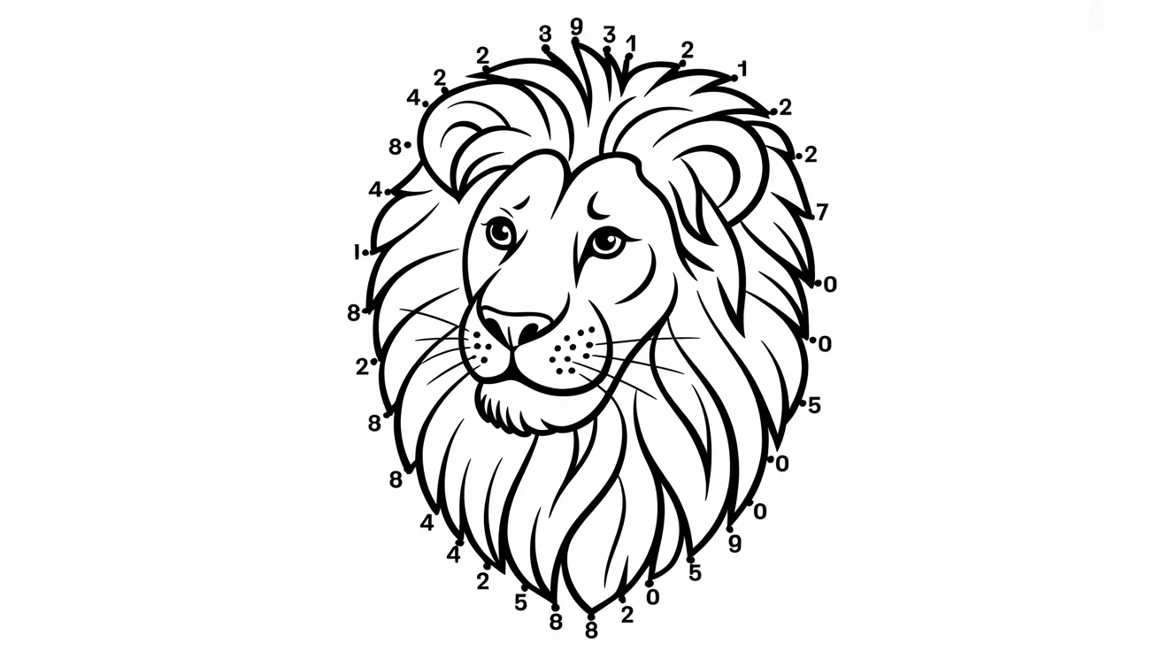 A partially completed connect-the-dots puzzle on a white background. The dots and a connecting line are starting to form the shape of a lion's head.