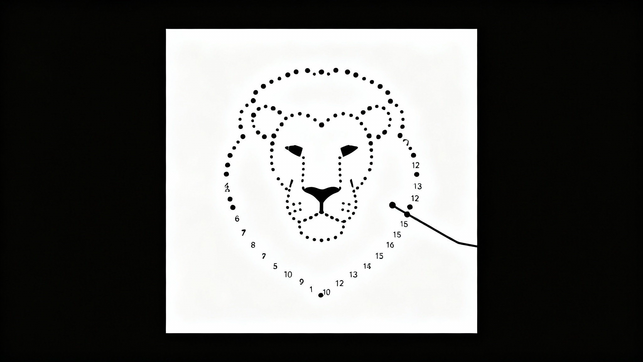 A connect-the-dots puzzle in progress on a white background, with a black line partially connecting numbered dots to reveal the outline of a lion's head.
