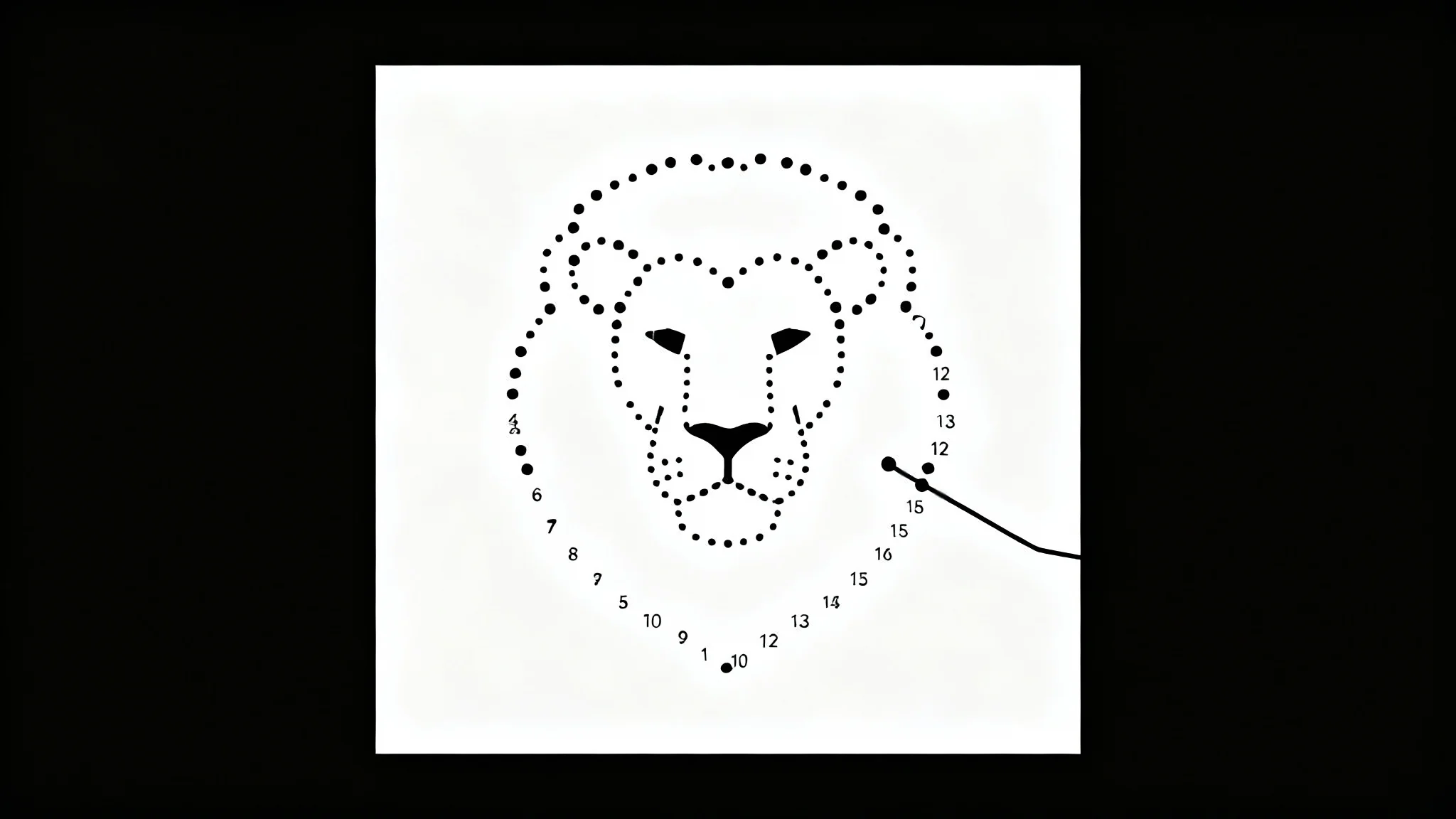 A connect-the-dots puzzle in progress on a white background, with a black line partially connecting numbered dots to reveal the outline of a lion's head.