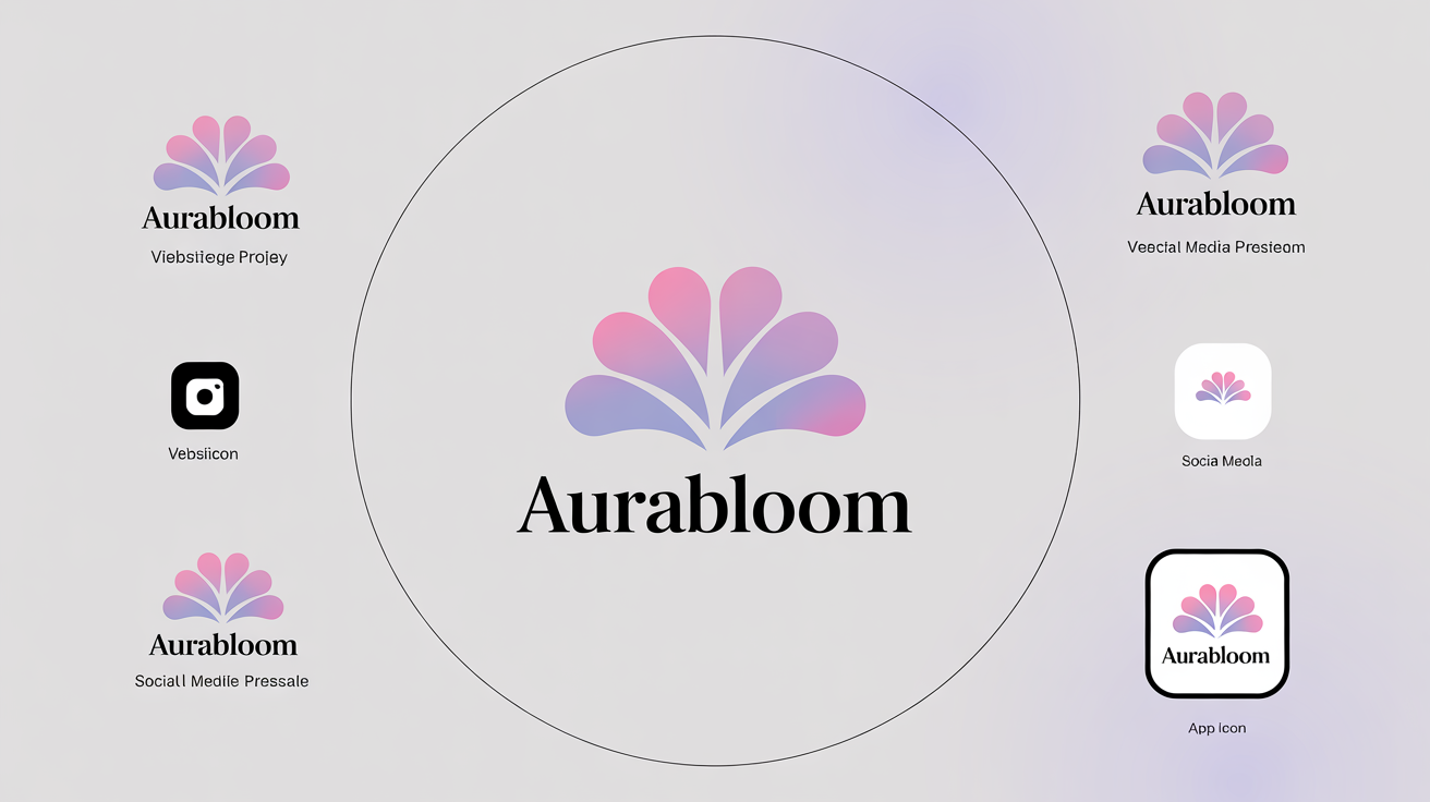 A professional logo for 'AuraBloom' displayed in various sizes, from large to favicon-sized, demonstrating the result of a logo resizer tool.