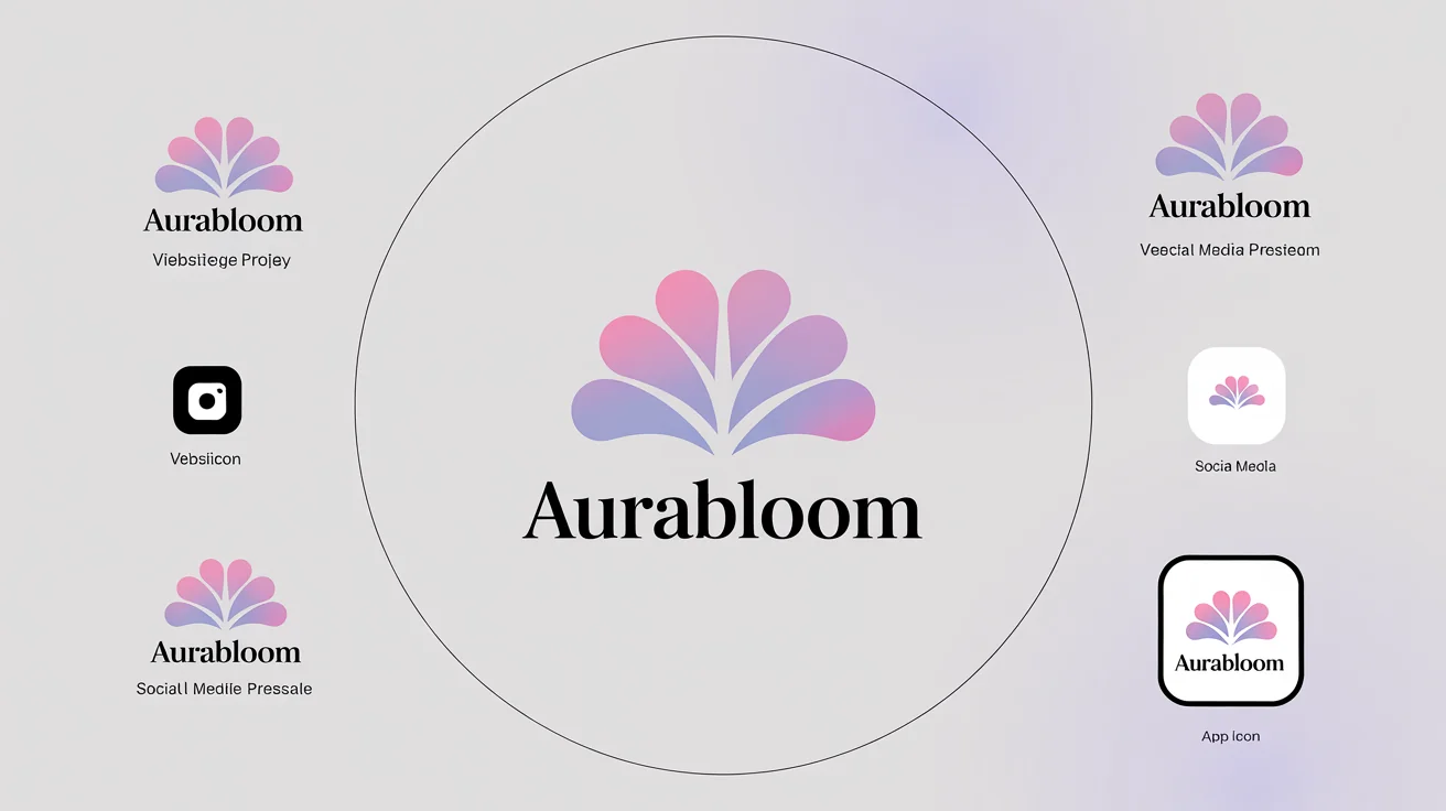 A professional logo for 'AuraBloom' displayed in various sizes, from large to favicon-sized, demonstrating the result of a logo resizer tool.