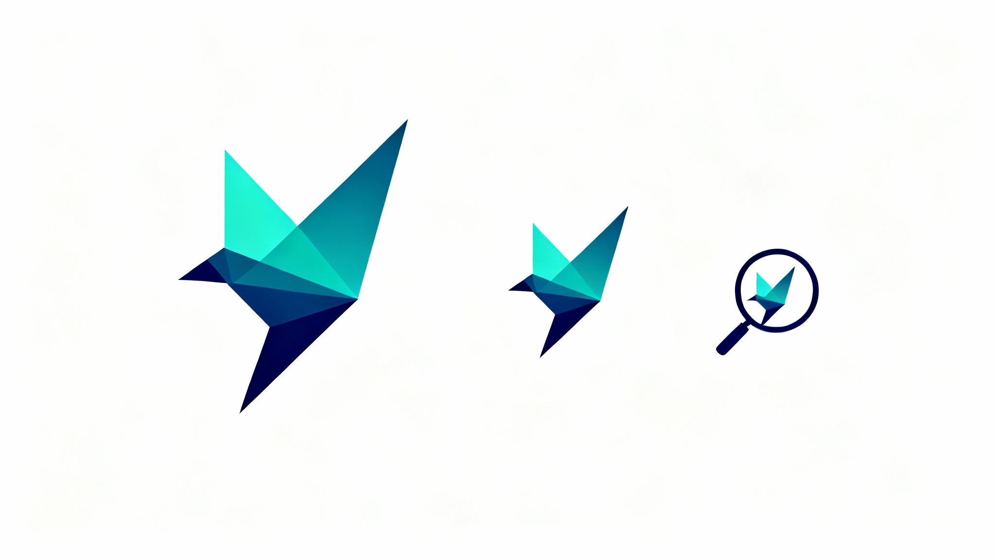An illustration of a logo resizer, showing a single geometric bird logo at large, medium, and small sizes, all perfectly sharp and clear on a white background.
