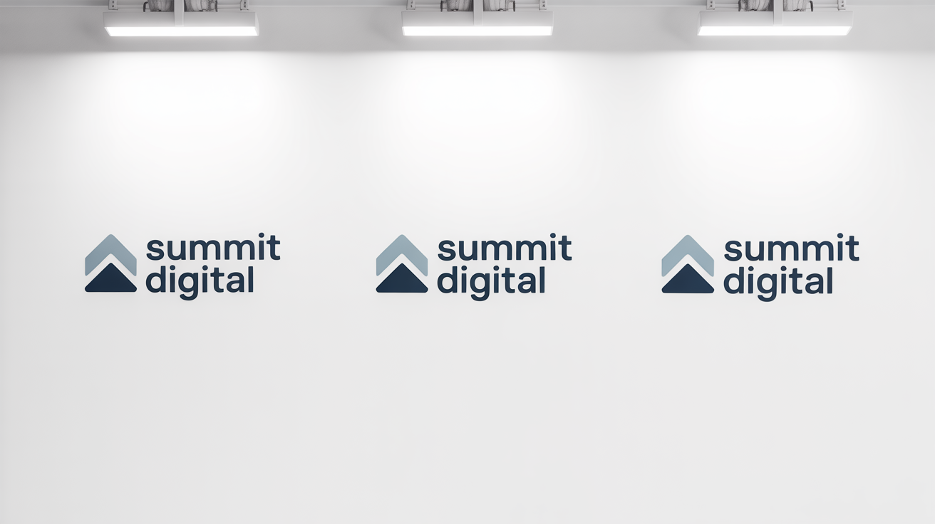 Three versions of a fictional logo for 'Summit Digital', small, medium, and large, are shown side-by-side to demonstrate perfect resizing quality without any loss of sharpness.