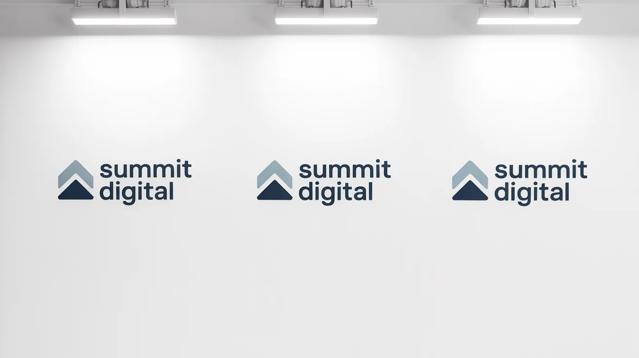 Three versions of a fictional logo for 'Summit Digital', small, medium, and large, are shown side-by-side to demonstrate perfect resizing quality without any loss of sharpness.