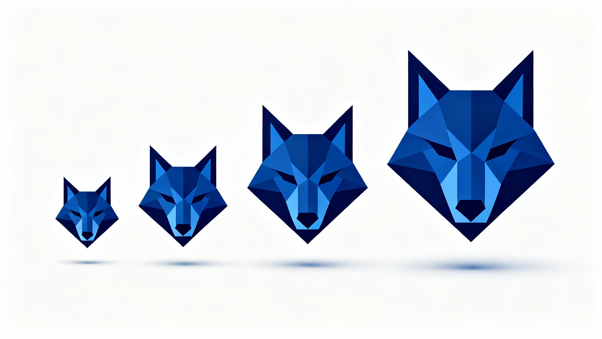 A series of five identical navy blue wolf head logos arranged in a line, increasing in size from left to right, demonstrating the concept of logo resizing on a clean white background.