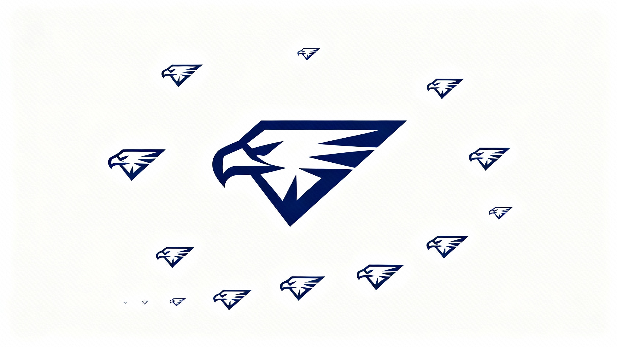 A modern navy blue geometric eagle head logo shown at various sizes on a white background, illustrating the concept of a logo resizer.