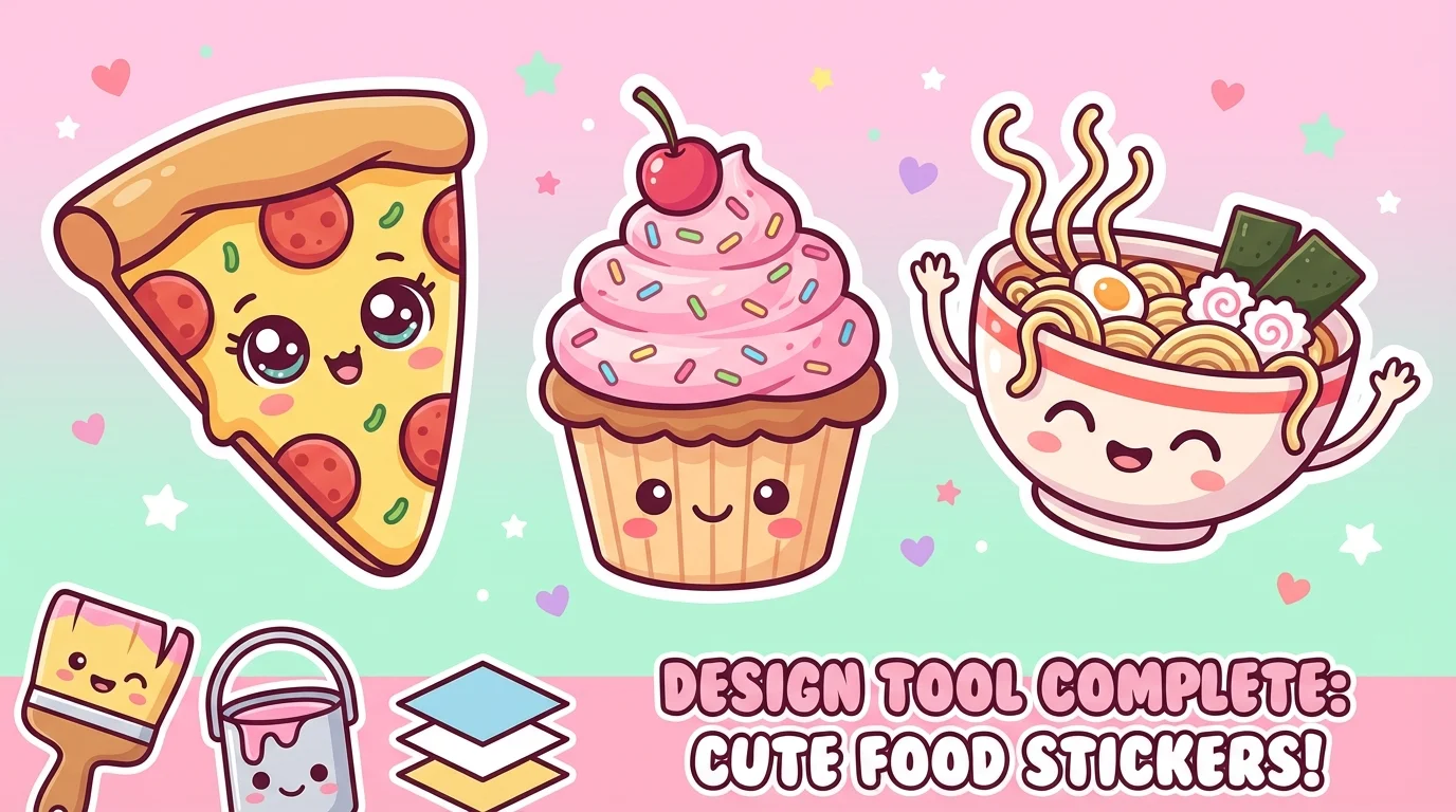 A vibrant digital illustration of cute, personified food characters on a pastel background. The scene includes a smiling slice of pizza with large eyes, a cheerful cupcake with a cherry, and a happy bowl of ramen noodles, representing a finished design.
