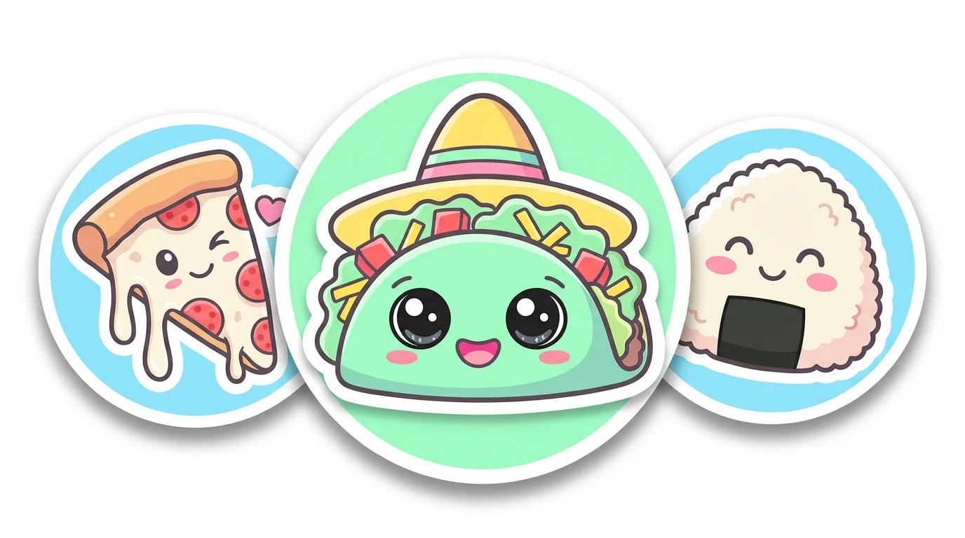 An adorable cartoon drawing of a smiling taco, a winking slice of pizza, and a blushing onigiri rice ball, all designed in a cute, kawaii style on a plain white background.