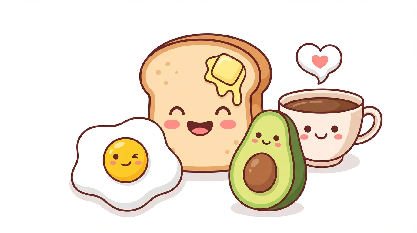 An adorable digital drawing of several personified breakfast foods, including a smiling piece of toast, a winking egg, and a happy avocado, all displayed on a clean white background.