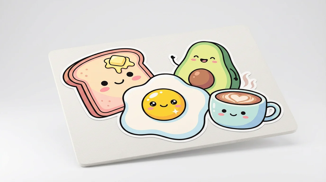 A collection of cute, kawaii-style food drawings on a white background, including a smiling piece of toast, a happy fried egg, a cheerful avocado, and a cute cup of coffee.