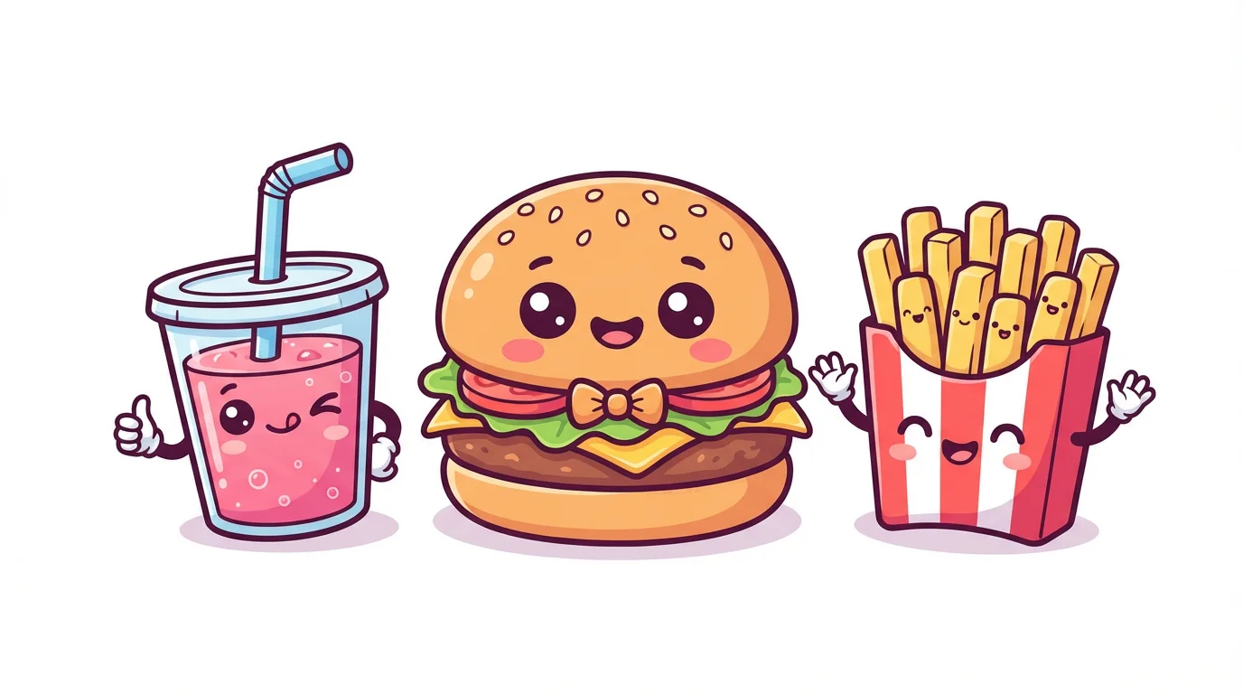 A cute kawaii-style drawing of a smiling hamburger, a happy box of french fries, and a winking soda cup, all posing together on a clean white background.