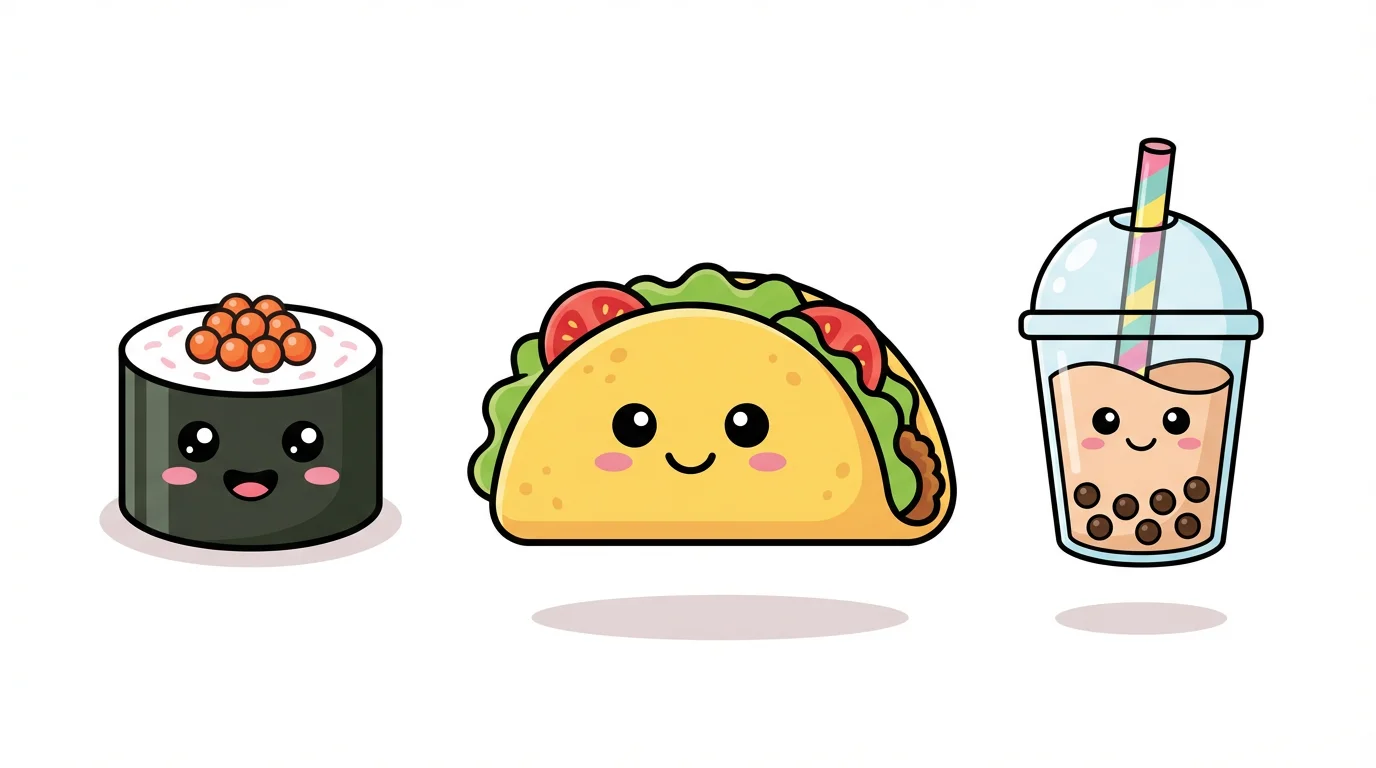 A cute digital drawing of three anthropomorphic food items on a white background. A smiling taco, a blushing sushi roll, and a happy cup of boba tea are arranged together, showcasing a kawaii art style.
