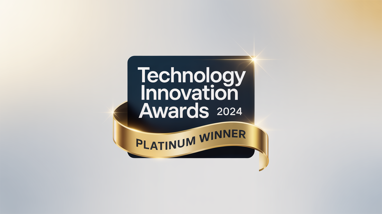 A redesigned 'Technology Innovation Awards 2024' logo with 'PLATINUM WINNER' text, shown in a polished navy blue and gold color scheme on a clean background, representing a final design.