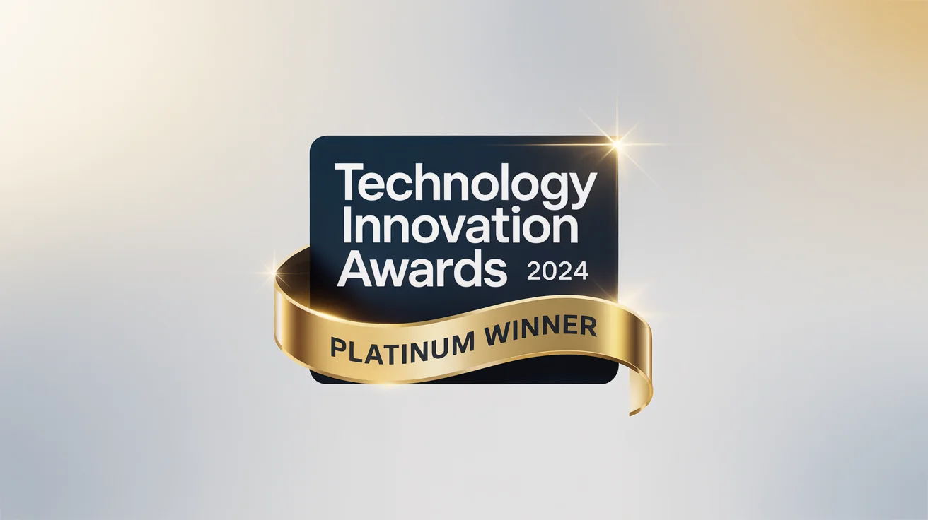 A redesigned 'Technology Innovation Awards 2024' logo with 'PLATINUM WINNER' text, shown in a polished navy blue and gold color scheme on a clean background, representing a final design.