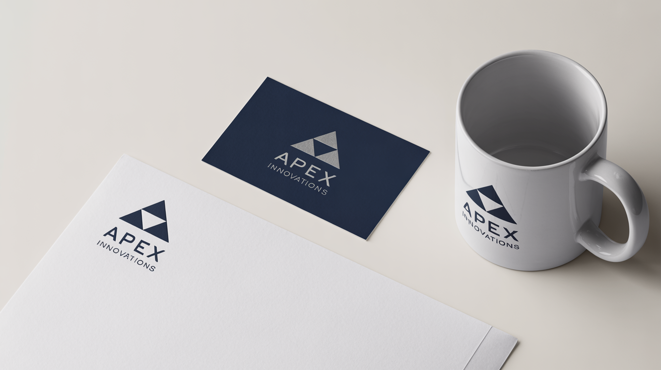 A professional branding mockup for the fictional company 'Apex Innovations', showing its modern logo on a business card, letterhead, and coffee mug arranged on a white surface.