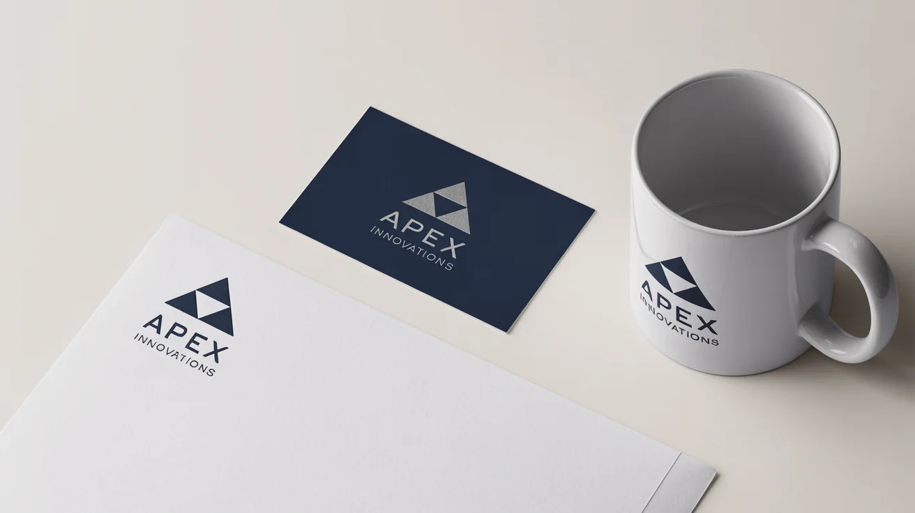 A professional branding mockup for the fictional company 'Apex Innovations', showing its modern logo on a business card, letterhead, and coffee mug arranged on a white surface.