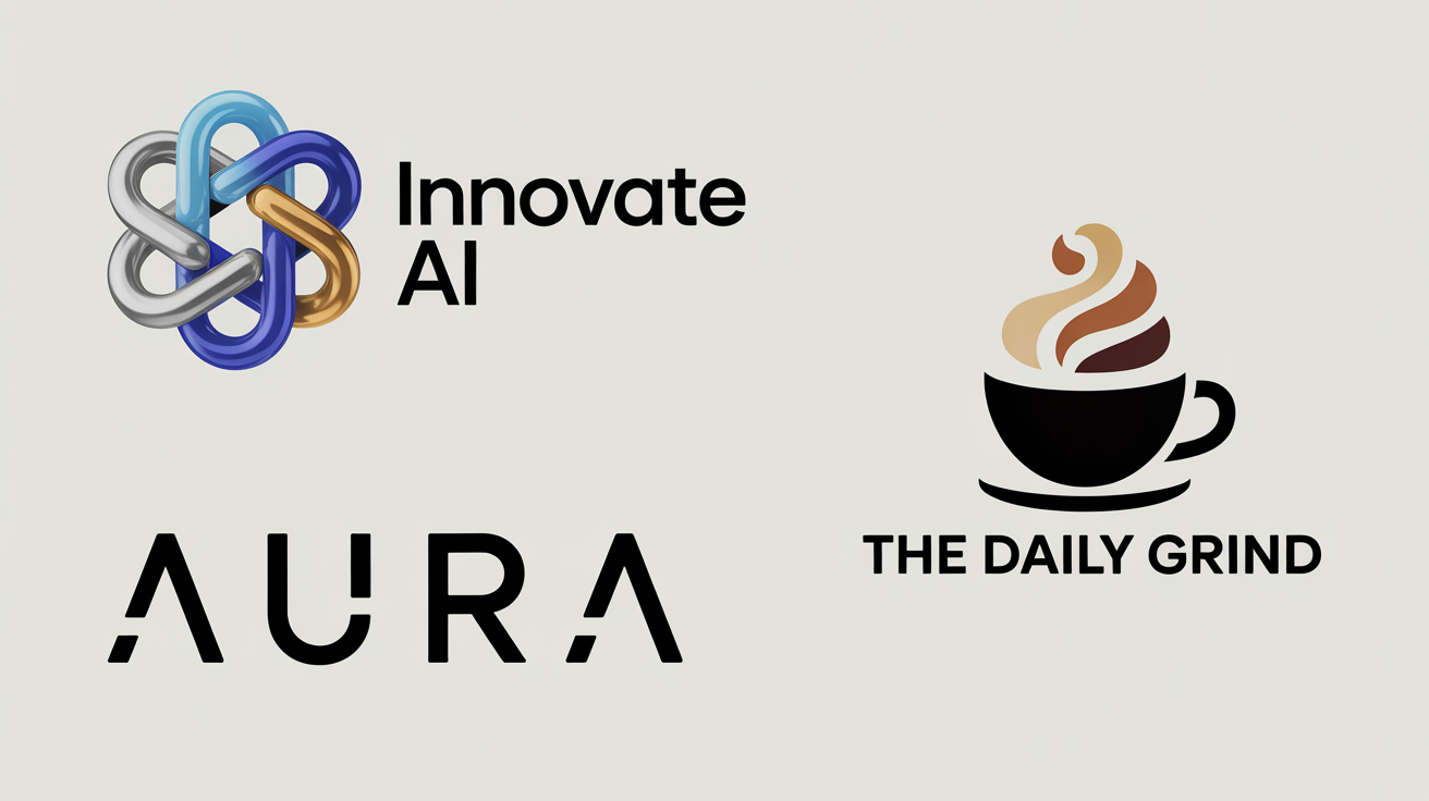 A collection of four professionally designed logos for different businesses: a tech company 'Innovate AI', a coffee shop 'The Daily Grind', a real estate agency 'Summit Homes', and a fashion brand 'AURA', displayed on a white background.