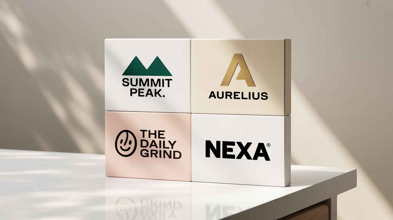 A mockup showcasing four different professionally designed logos on a white background, representing various styles from modern and minimalist to playful and classic.