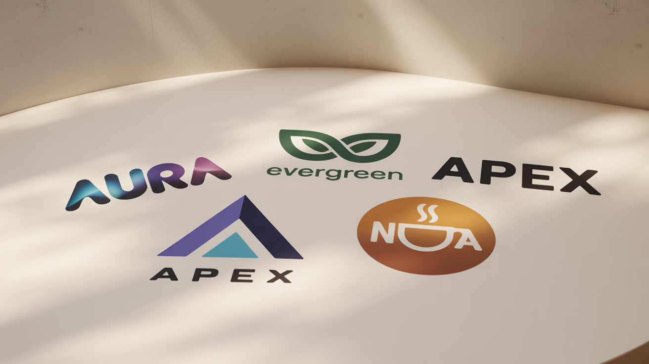 A collection of four professionally designed, modern logos for fictional brands displayed on a clean white background, showcasing the versatility of a logo editor.