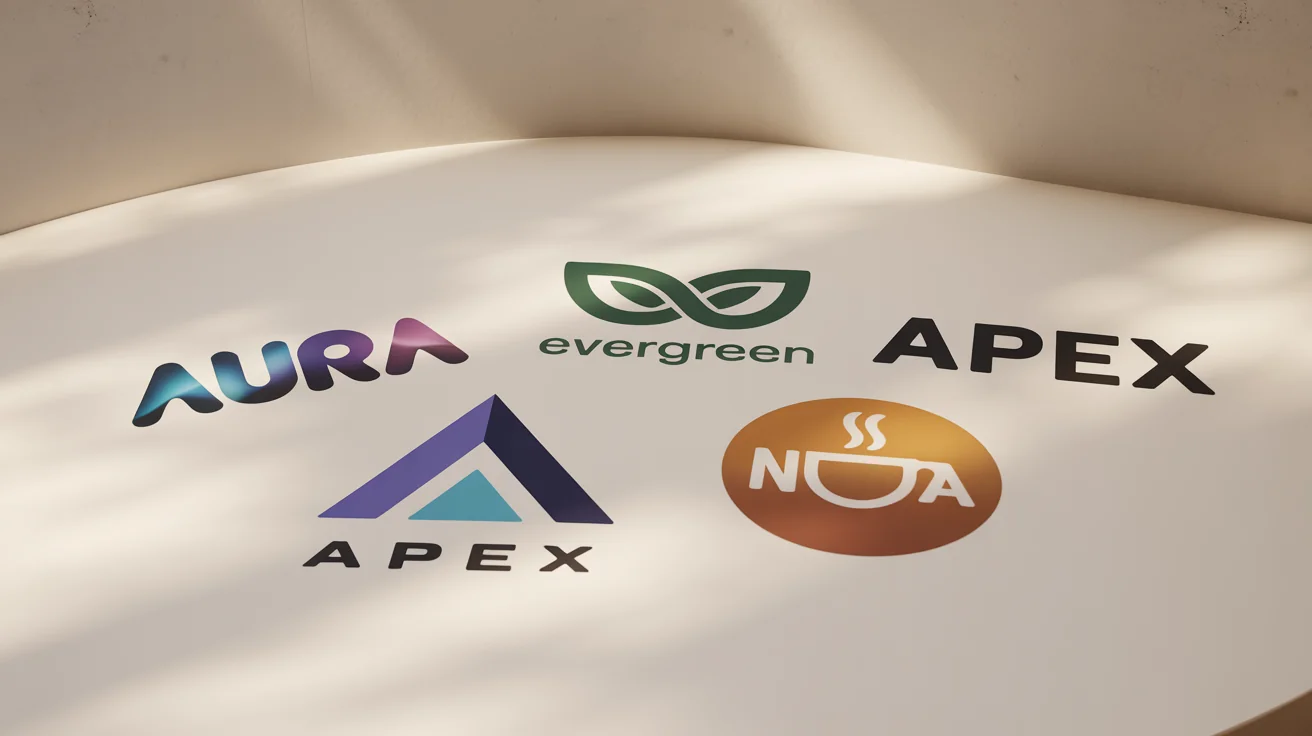 A collection of four professionally designed, modern logos for fictional brands displayed on a clean white background, showcasing the versatility of a logo editor.