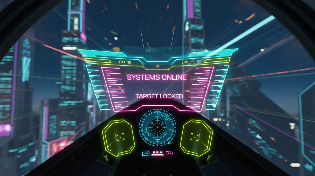 A first-person view from a futuristic cockpit showing a professionally designed neon HUD overlay with a mini-map, health bars, and targeting reticle against a blurred cyberpunk city background.