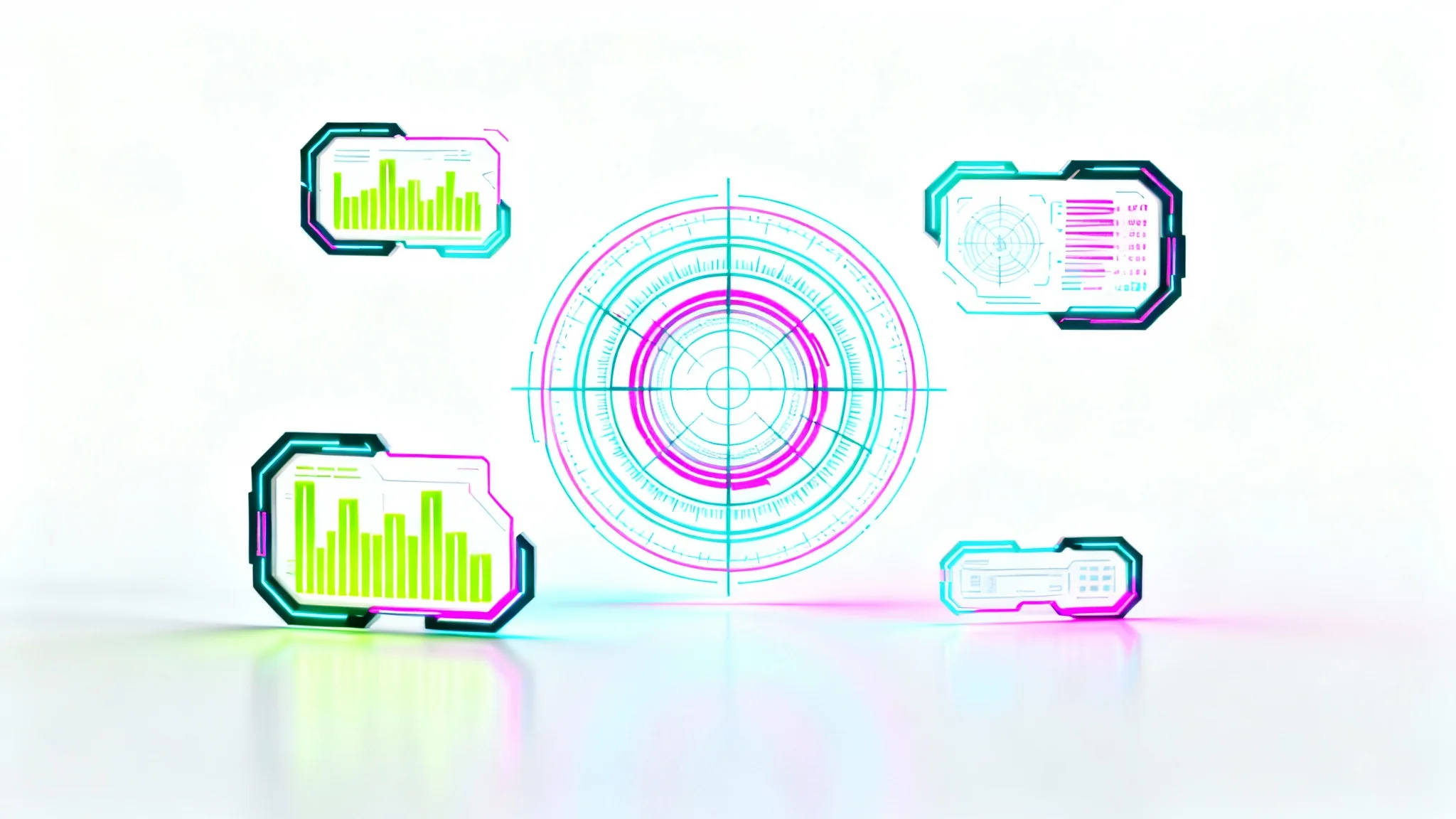 A mockup of several futuristic neon HUD overlay elements, featuring glowing cyan and magenta reticles, graphs, and frames, displayed against a plain white background.