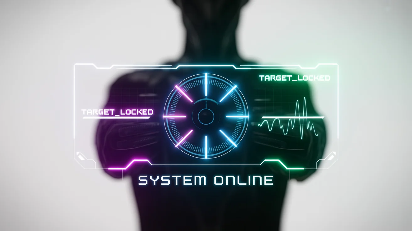 A mockup of a futuristic neon HUD overlay with glowing blue and pink holographic elements, including targeting circles, graphs, and data points, isolated on a white background.