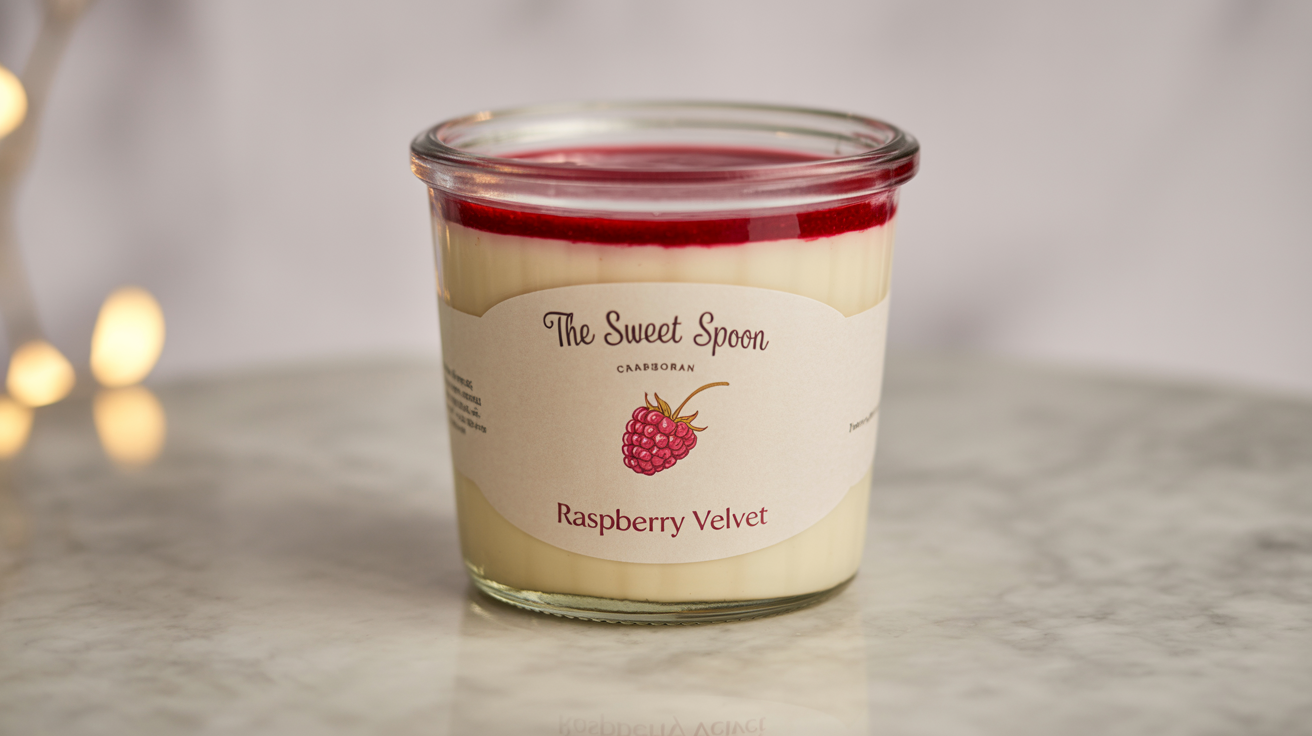 A photorealistic mockup of a glass jar of panna cotta with a raspberry topping. A custom label on the jar reads 'The Sweet Spoon, Raspberry Velvet'. The background is white.