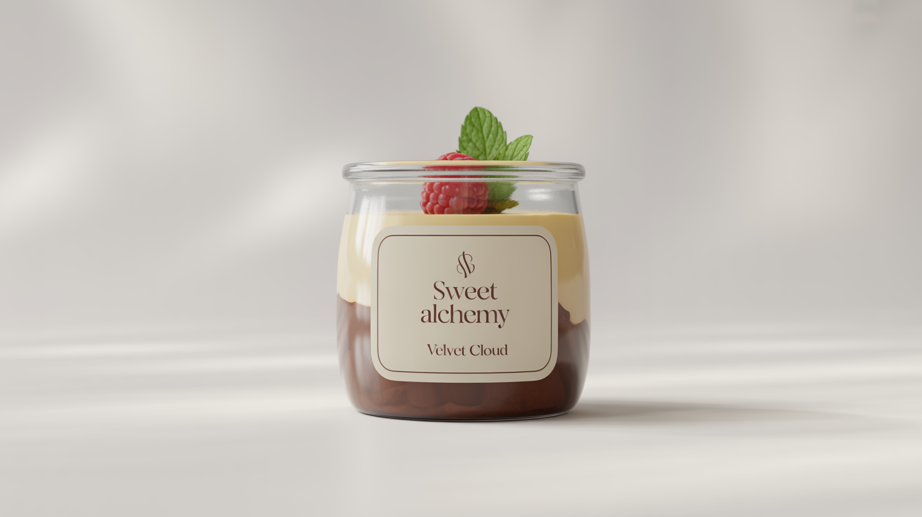 A professional product mockup of a dessert label on a glass jar of chocolate mousse and panna cotta, set against a white background. The label reads 'Sweet Alchemy, Velvet Cloud'.